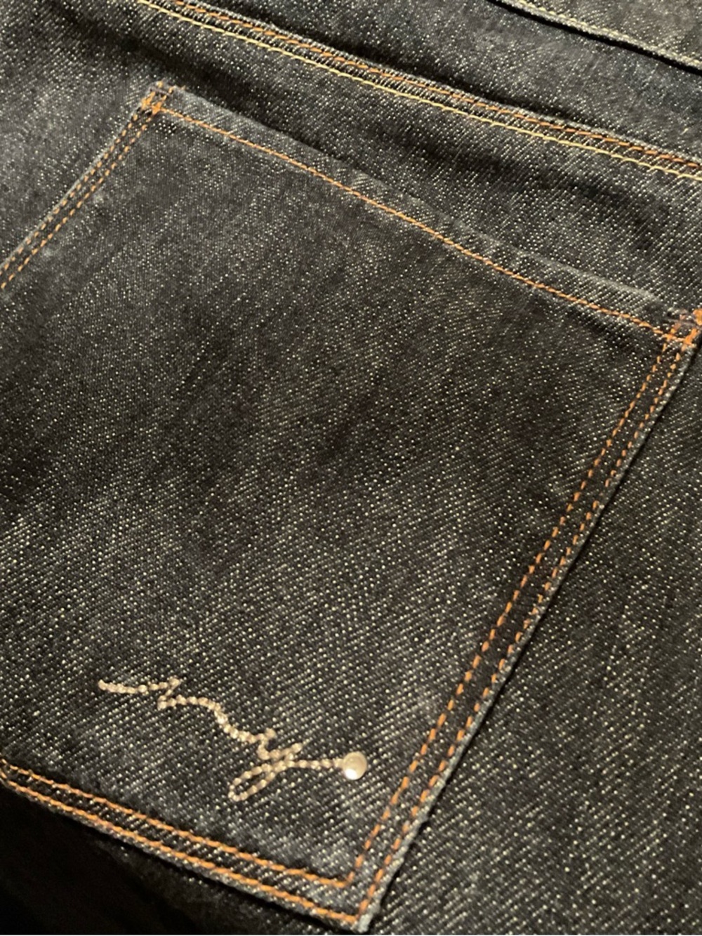 New York & Company Dark Indigo Slim Straight Jeans with Orange Stitching